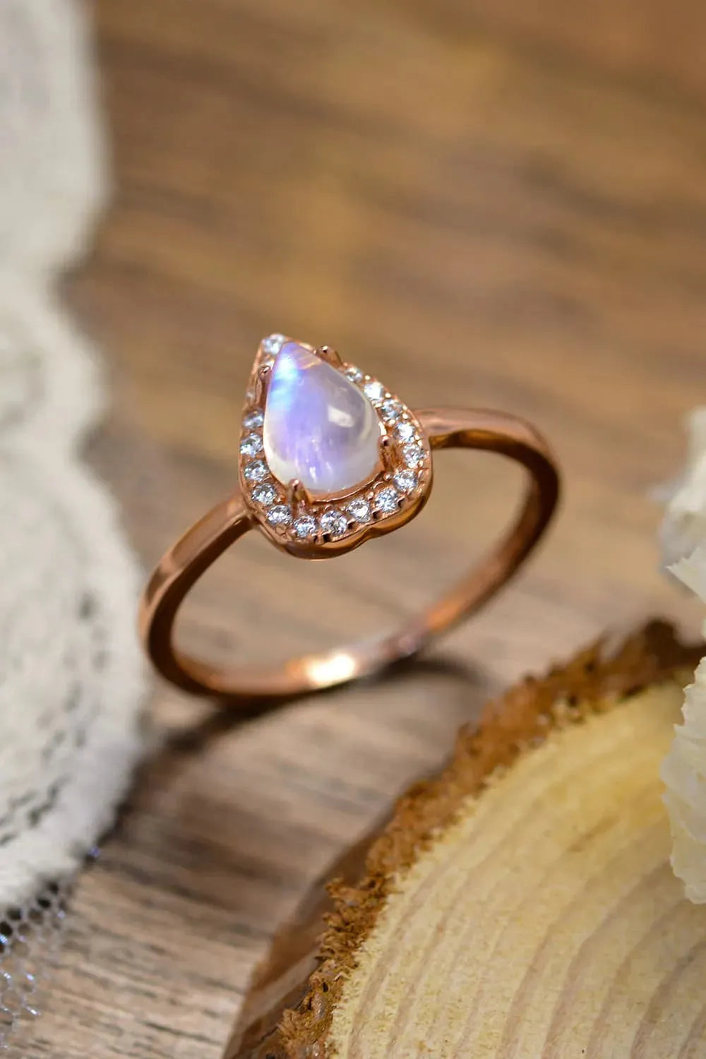 Moonstone Teardrop 925 Sterling Silver Halo Ring Rose Gold Moonstone - Tophatter Daily Deals